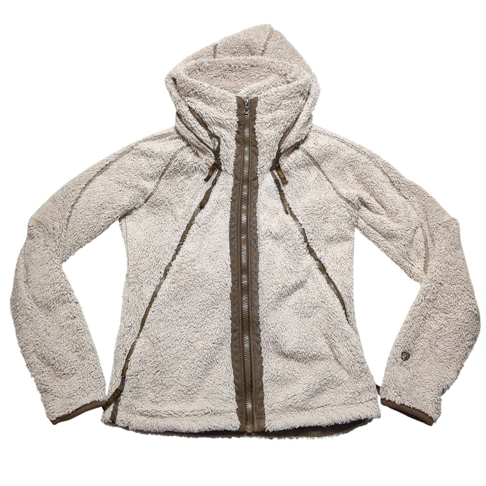 Kuhl Flight Hoody Jacket Women Small‎ Oatmeal Faux Fur Fleece Full Zip